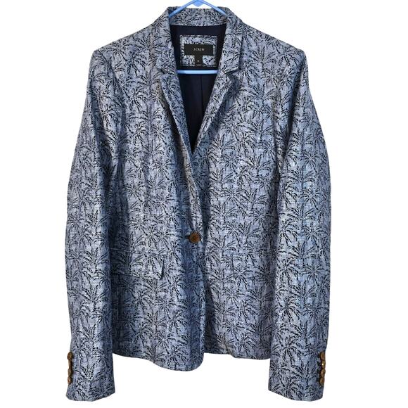 J. Crew Blazer Women's 16 Blue Linen Tropical Palm Trees Coastal Nautical Preppy - Picture 1 of 13